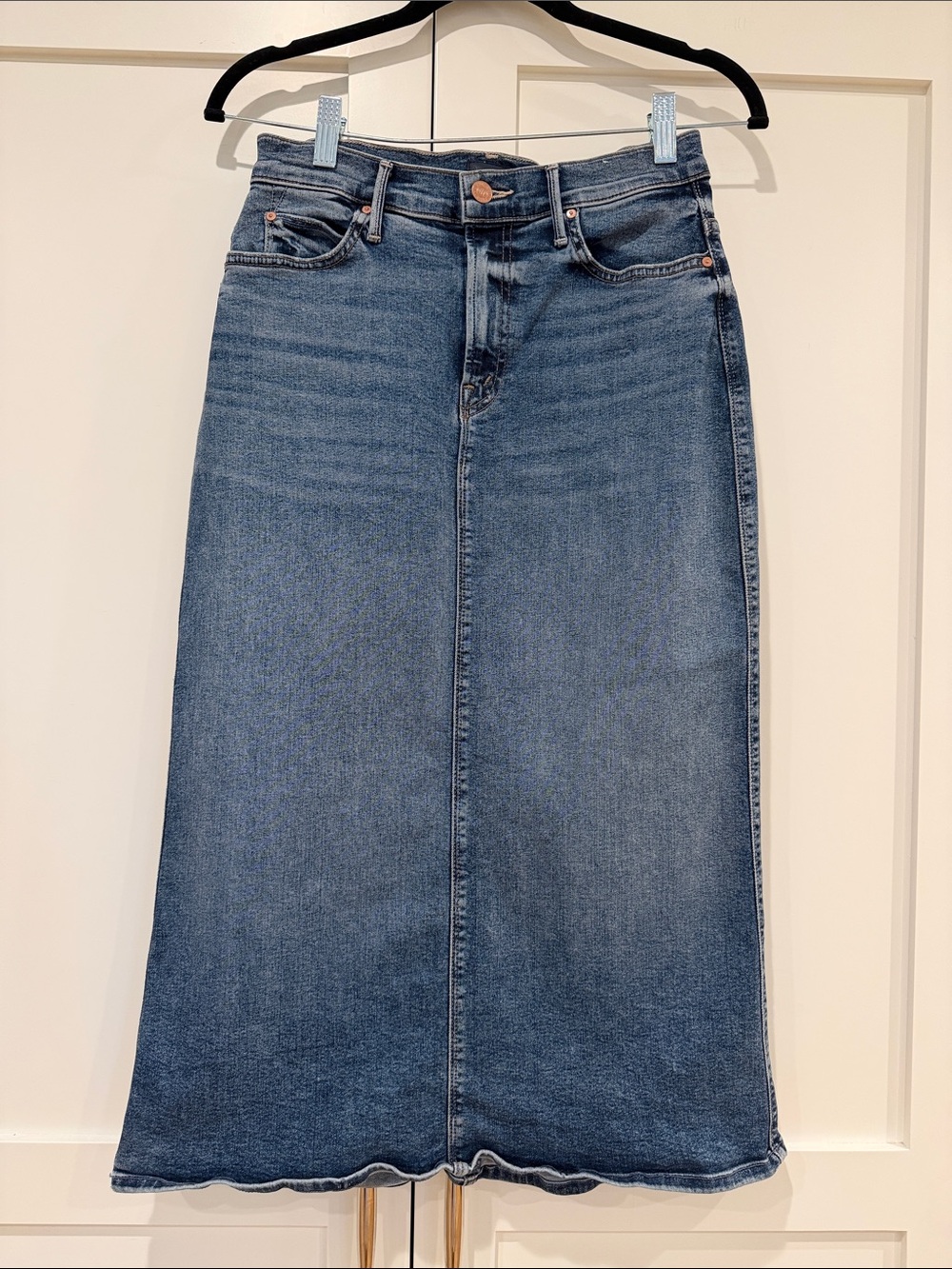 MOTHER Denim Midi Skirt in Medium Blue